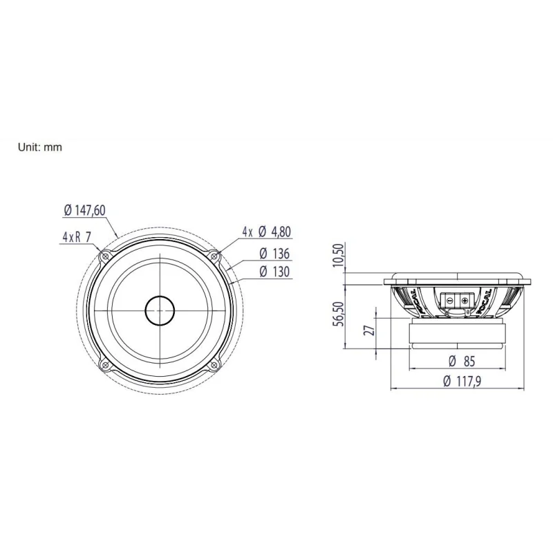 Focal PS130V1, Altavoces vías separadas de 13cm, medidas