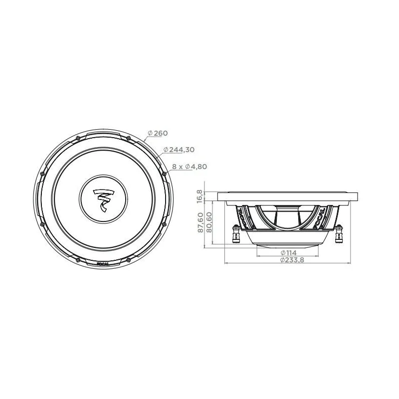 Focal P25FSE, Subwoofer 10", potencia máxima 560W y RMS 280W, medidas