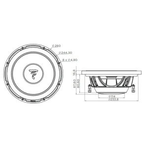 Focal P25FSE, Subwoofer 10", potencia máxima 560W y RMS 280W, medidas