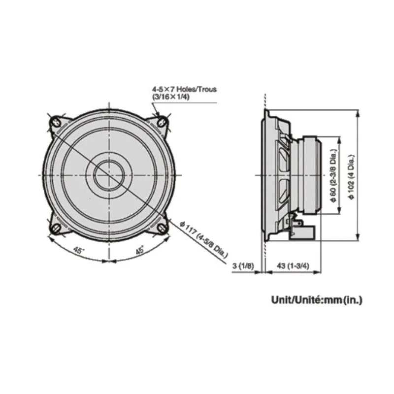 Altavoces 10cm (4") Pioneer coaxiales, medidas