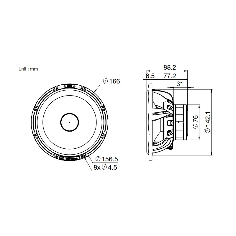 Blam S165 M2mg, Altavoces 165mm, vías separadas. Potencia RMS 125W. Medidas woofer