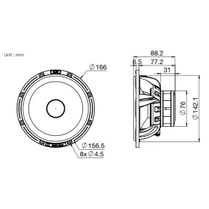 Blam S165 M2mg, Altavoces 165mm, vías separadas. Potencia RMS 125W. Medidas woofer