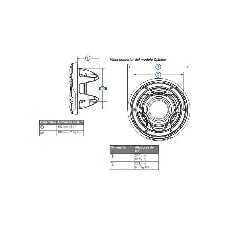 Dimensiones Altavoces marinos de 8.8", Fusion