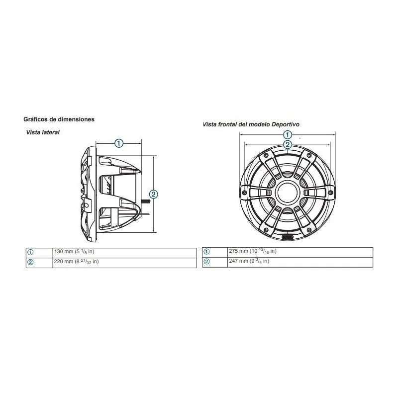 Dimensiones Subwoofer marino 10" con luz LED Fusion