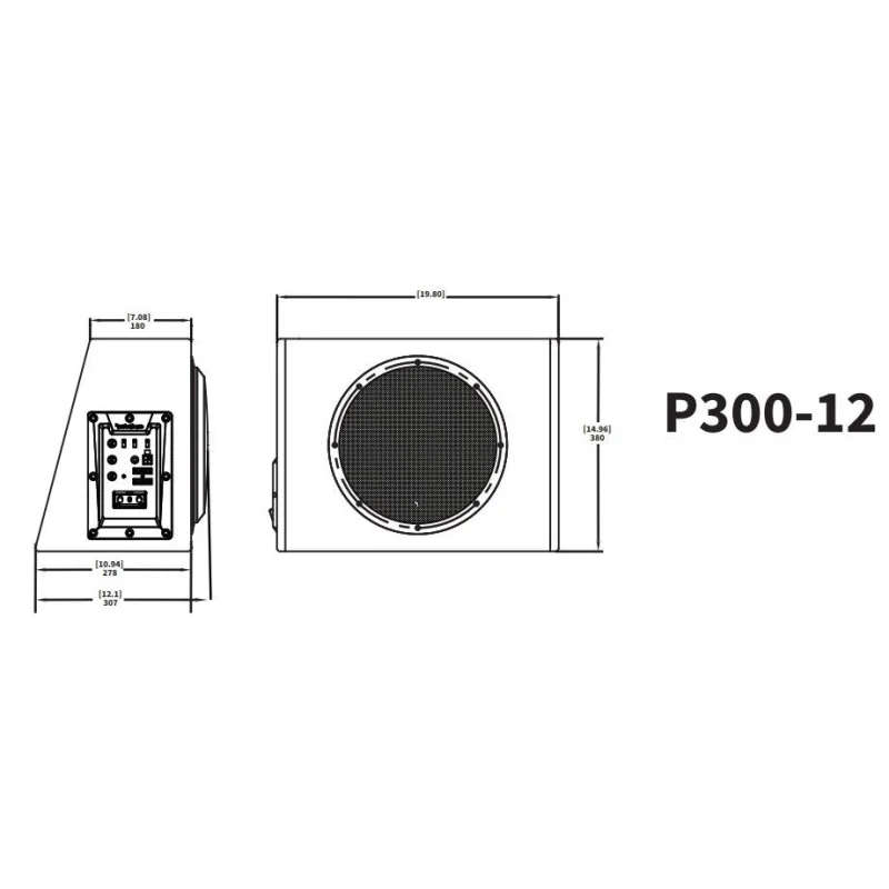 Subwoofer amplificado Rockford Fosgate P300 12, medidas