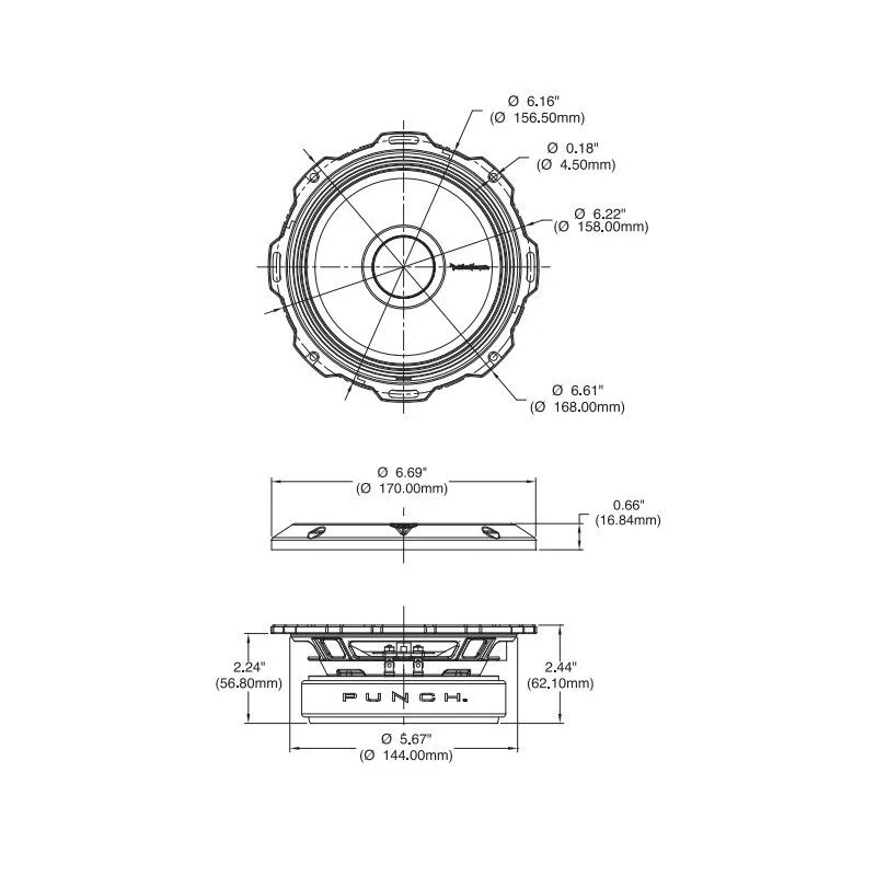 Subwoofer Rockford fosgate PPS4 6, medidas