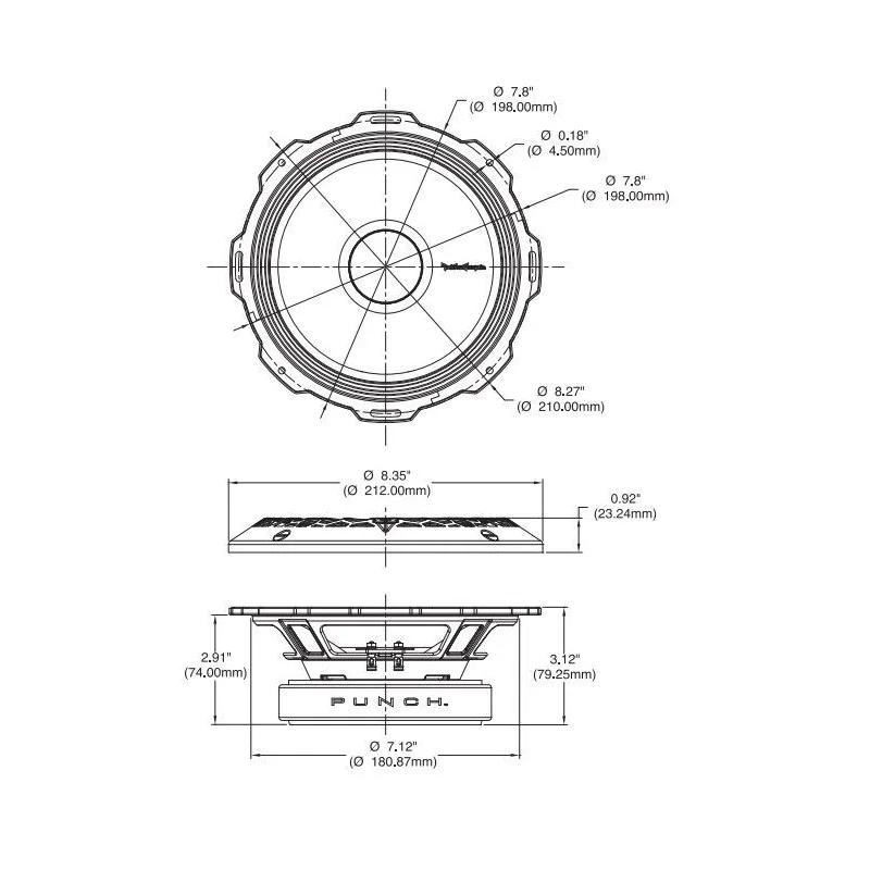 Subwoofer Rockford Fosgate PPS4 8, medidas