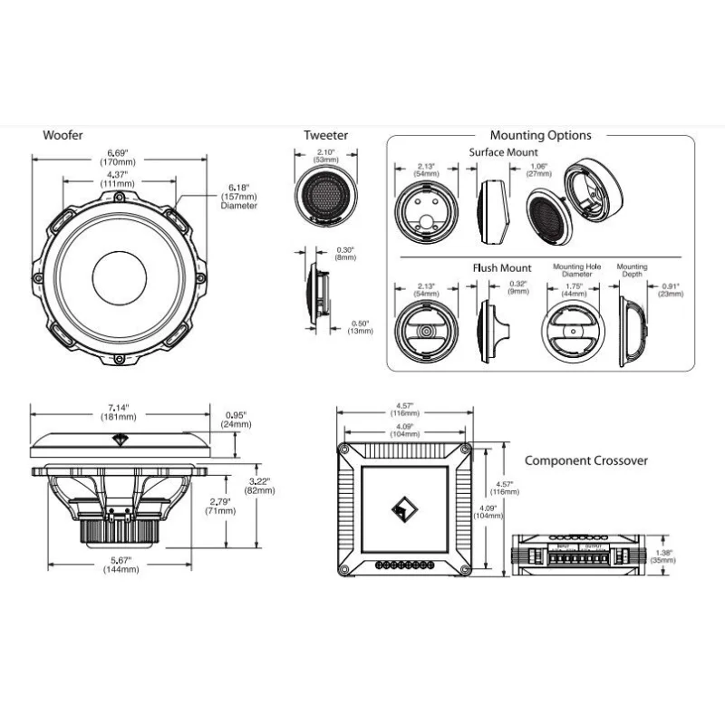 Sistema de altavoces Rockford Fosgate T3652 S, medidas