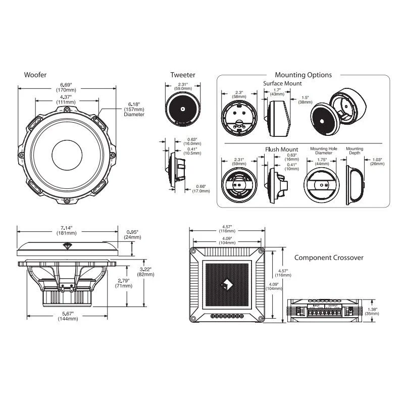 Sistema de altavoces Rockford fosgate T4652 S, medidas