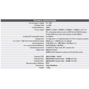 Especificaciones amplificador 4 canales con DSP, Mosconi Pico 4/8