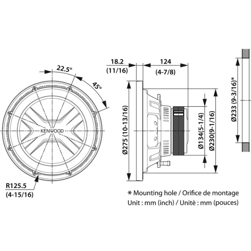 Medidas Subwoofer de 10" (25cm), Kenwood KFC PS2517W