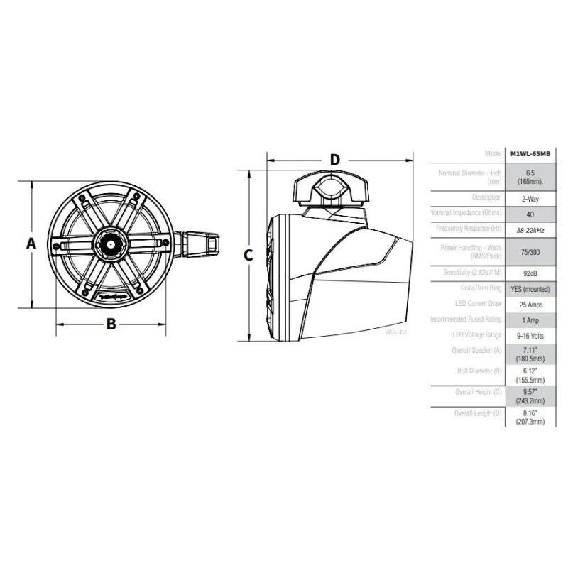 Medidas altavoces marinos Wake Tower 16,5cm Rockford Fosgate M1WL 65MB