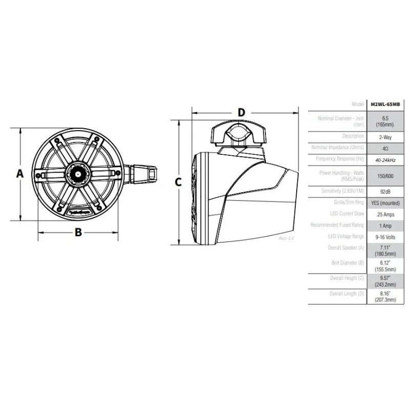 Medidas altavoces marinos Wake Tower 6,5" Rockford Fosgate M2WL 65MB