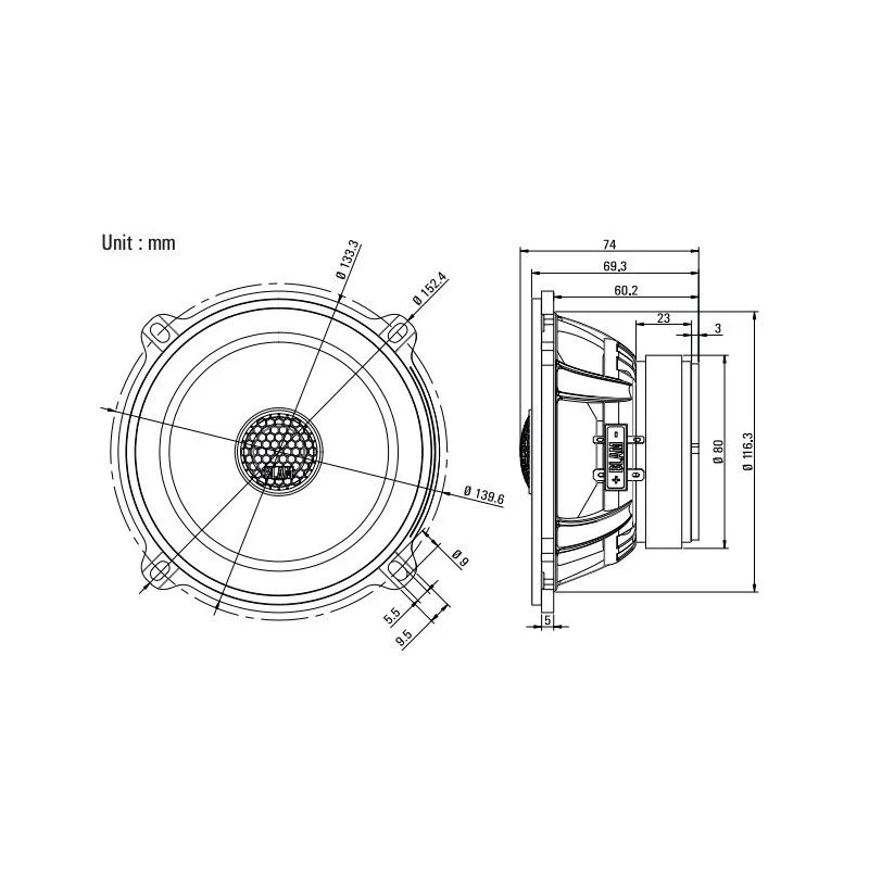 Blam Audio 130RFC, medidas altavoces coaxiales de 5"