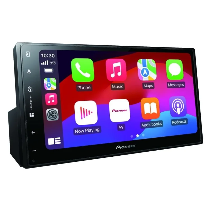 Pantalla Pioneer SPH DA77DAB encendida mostrando el menú CarPlay con iconos de aplicaciones