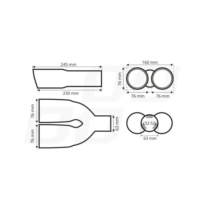 Cola de escape doble de acero inox cromado AMIO 04062, medidas