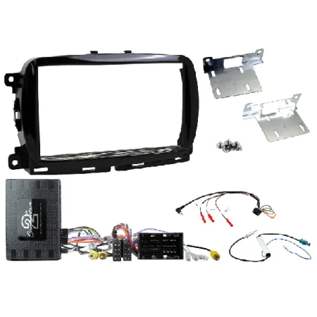 Kit instalación radio Fiat 500 2015 2021, marco 2DIN, interface mandos volante y accesorios de montaje.