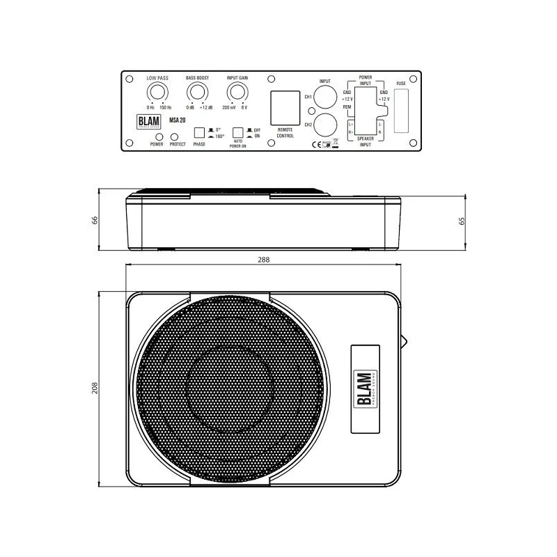 Blam Audio subwoofer activo de 200mm, MSA20, medidas