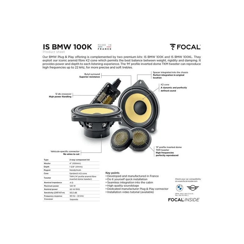 Focal IS BMW 100K, altavoces de 4", 2 vías separadas, crossover premium, para BMW y Mini.