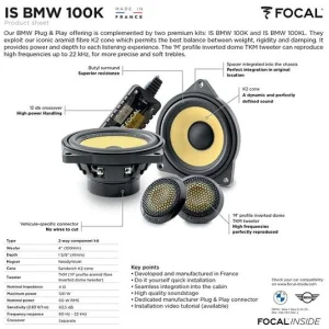 Focal IS BMW 100K, altavoces de 4", 2 vías separadas, crossover premium, para BMW y Mini.
