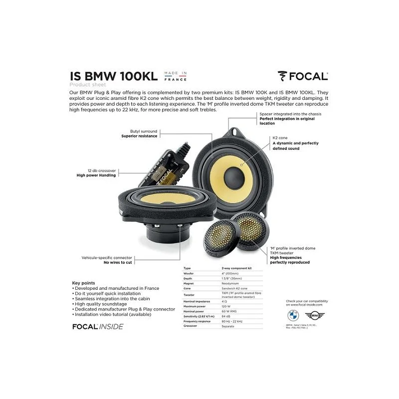 Focal IS BMW 100KL, altavoces de 100mm, vías separadas, con crossover premium