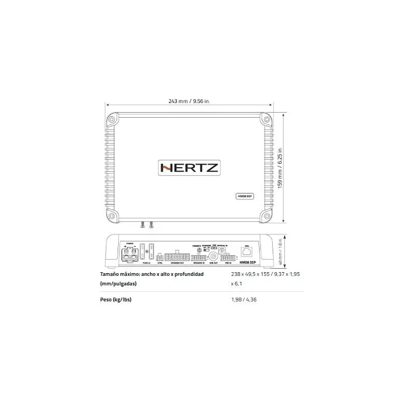 Hertz HMD8 DSP 24V, medidas de amplificador marino.