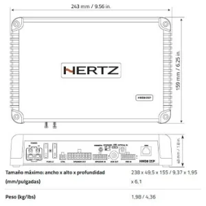 Hertz HMD8 DSP 24V, medidas de amplificador marino.