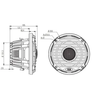 Subwoofer marino Blam Audio Wave 10, medidas.