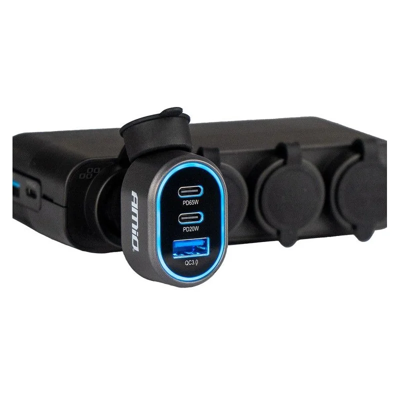 Cargador de cárga rápida en coche, con 2xUSB C y 1xUSB, potencia máxima 85W