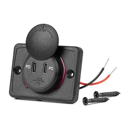 Cargador impermeable, diseño cuadrado con retroiluminación LED roja, 2xUSB C