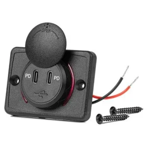 Cargador impermeable, diseño cuadrado con retroiluminación LED roja, 2xUSB C