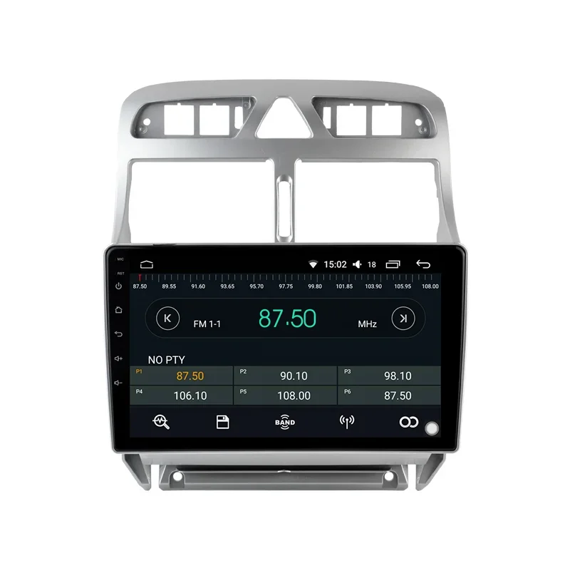 Vista frontal de la pantalla Android para Peugeot mostrando la aplicación de radio