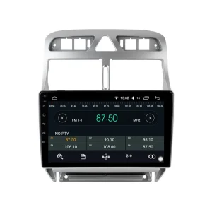 Vista frontal de la pantalla Android para Peugeot mostrando la aplicación de radio