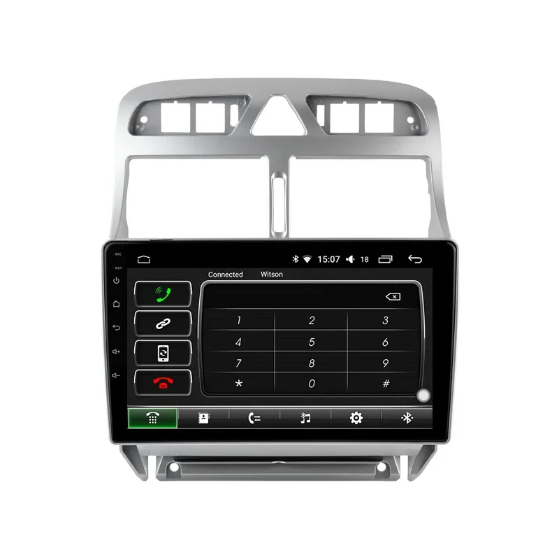 Vista frontal de la pantalla Android para Peugeot mostrando la aplicación de teléfono