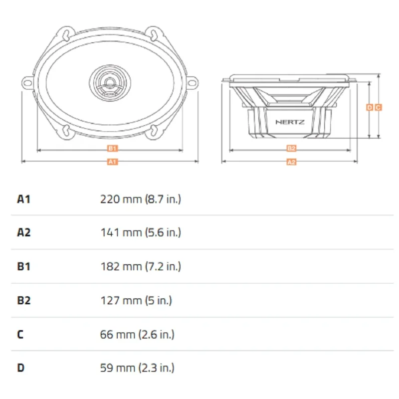 hertz dcx 570 3 serie dieci 60w rms altavoces coaxiales ovalados 5x7" dimensiones