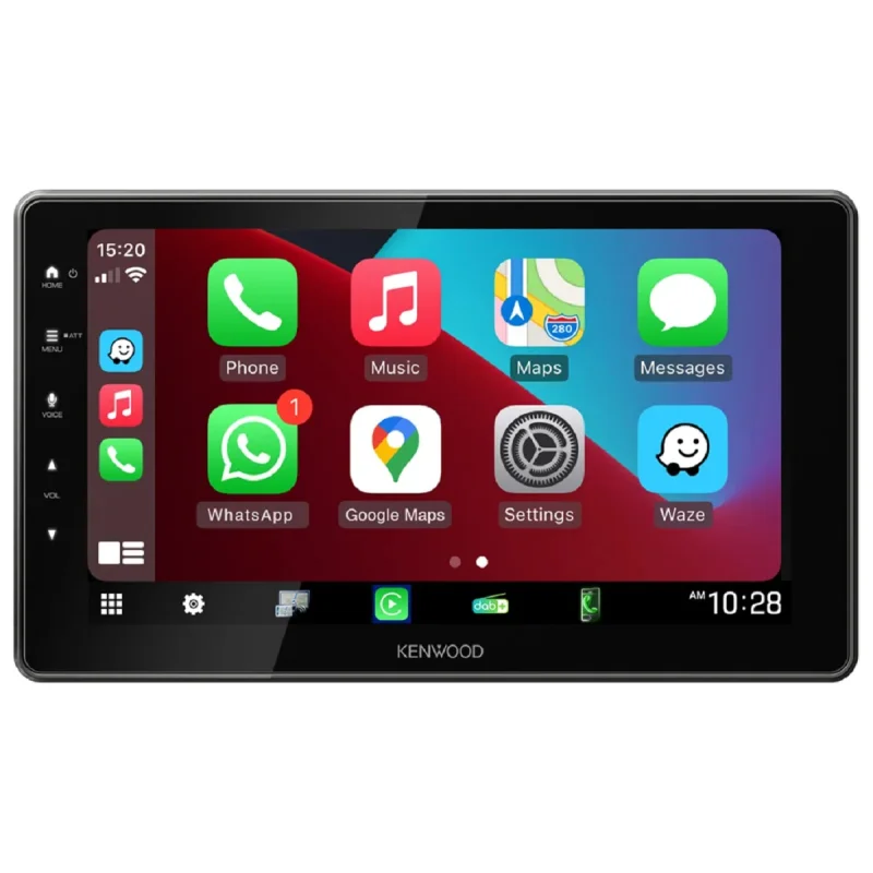 Pantalla de 1 din KENWOOD DMX-F920DS encendida con menú de carplay abierto.