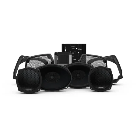 Detalle frontal de los 4 altavoces y el amplificador M5-800X4 del sistema Rockford Fosgate Stage 3 para Harley-Davidson