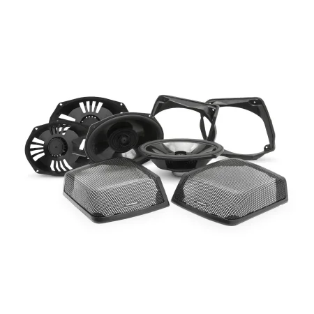 Conjunto de componentes del kit TMS69BL9813 con altavoces de 6x9, rejillas, anillos de montaje y protectores de cesta