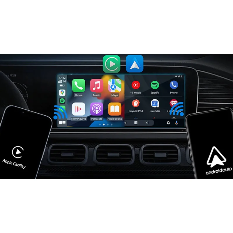 Demostración gráfica de las interfaces de Apple CarPlay y Android Auto funcionando de forma inalámbrica