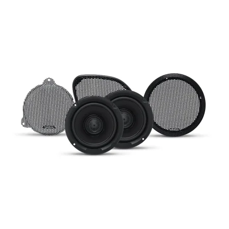 Conjunto de altavoces Rockford Fosgate TMS65 de 6.5 pulgadas mostrando los tres juegos de rejillas