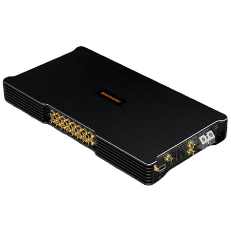 Vista lateral del amplificador Goldhorn DSPA 2416 ULTRA mostrando su panel de 16 salidas RCA