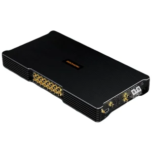 Vista lateral del amplificador Goldhorn DSPA 2416 ULTRA mostrando su panel de 16 salidas RCA