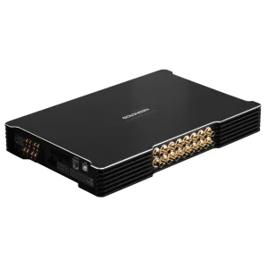 Vista en perspectiva del amplificador DSP Goldhorn DSPA 1616 ULTRA mostrando sus terminales de potencia