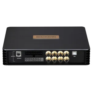 Panel lateral del amplificador DSP Goldhorn DSPA 816 PRO mostrando 8 salidas RCA, puerto USB para PC y entrada OTG.