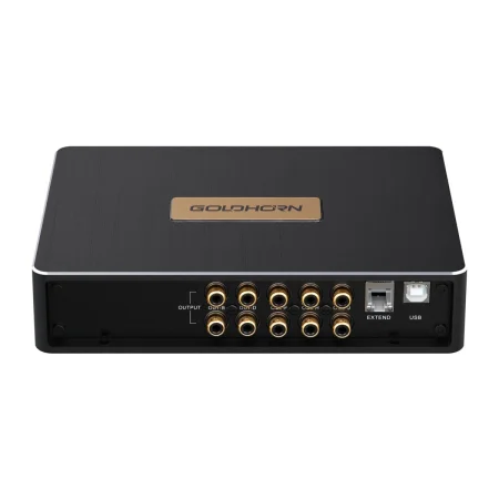 Vista en perspectiva del amplificador DSP Goldhorn DSPA 1012 PLUS mostrando sus salidas RCA