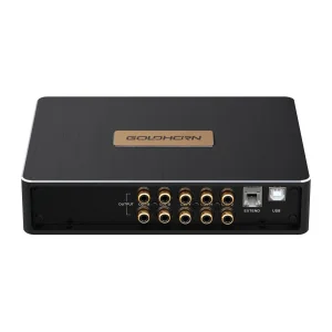 Vista en perspectiva del amplificador DSP Goldhorn DSPA 1012 PLUS mostrando sus salidas RCA