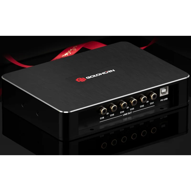 Panel de conexiones con 6 salidas RCA doradas y puerto de configuración USB