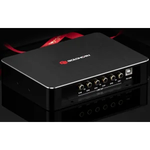 Panel de conexiones con 6 salidas RCA doradas y puerto de configuración USB