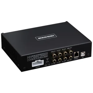 Panel de conexiones lateral del amplificador Clase AB Goldhorn DSPA 206 mostrando salidas