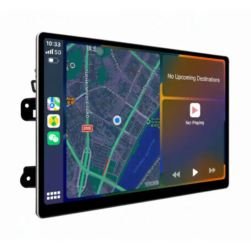 Radio navegador de 12.5" mostrando la función de Apple CarPlay y pantalla dividida con navegación GPS y reproductor de música.